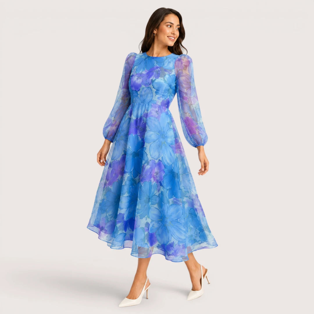 Roselina | Floral Print Midi Dress with Sheer Long Sleeves