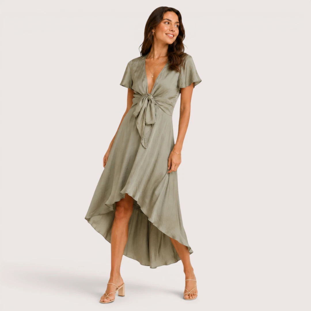 Aveline | Women’s Tie-Front Midi Dress with Short Sleeves