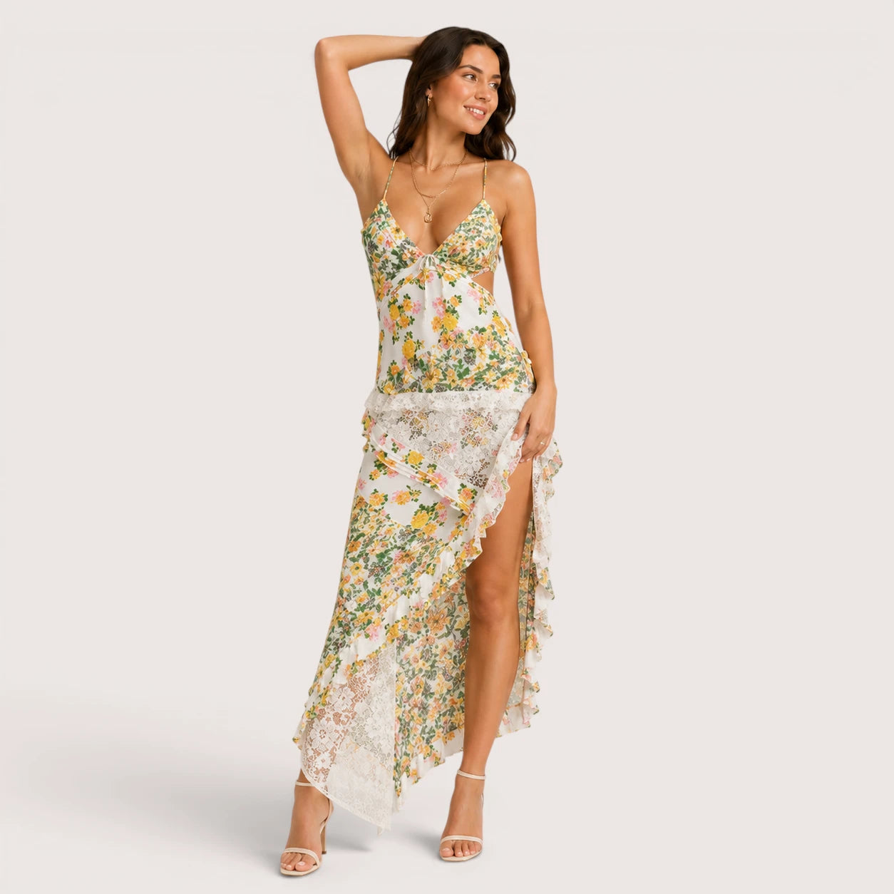 Elena | Women’s Floral Print Maxi Dress with Lace Panel