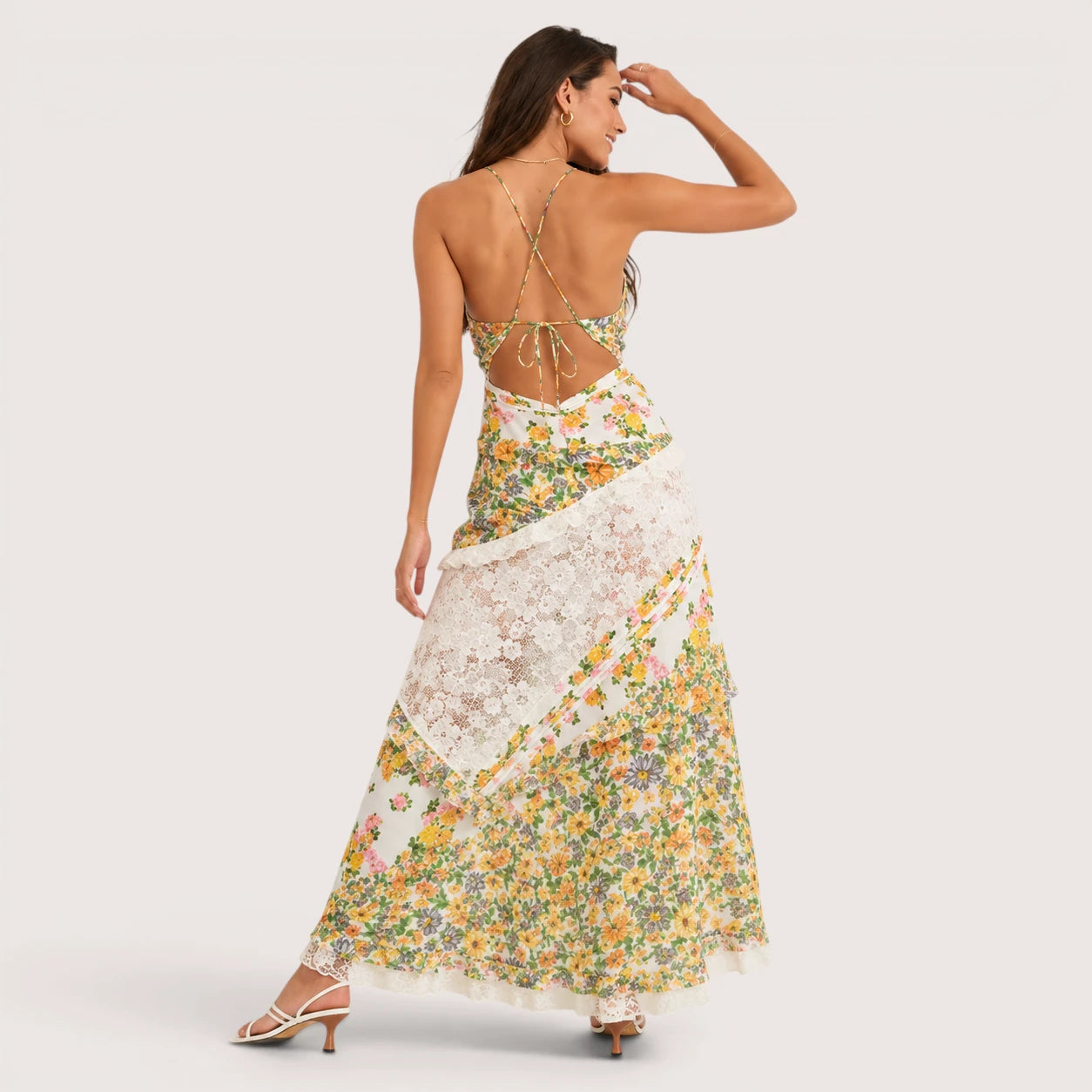 Elena | Women’s Floral Print Maxi Dress with Lace Panel