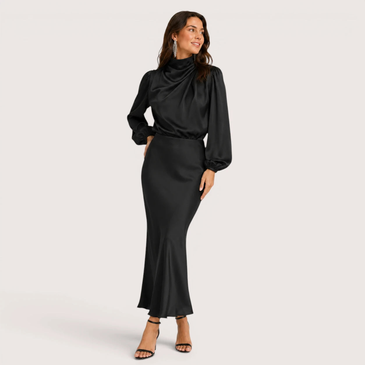Emily | Women’s High Neck Satin Maxi Dress with Long Sleeve