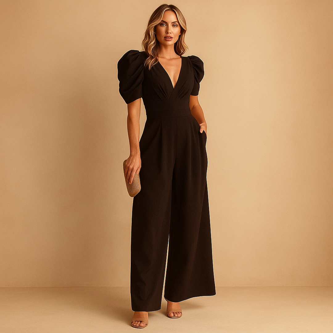 Imogen | Women’s Wide-Leg Jumpsuit with V-Neck and Puff Sleeves