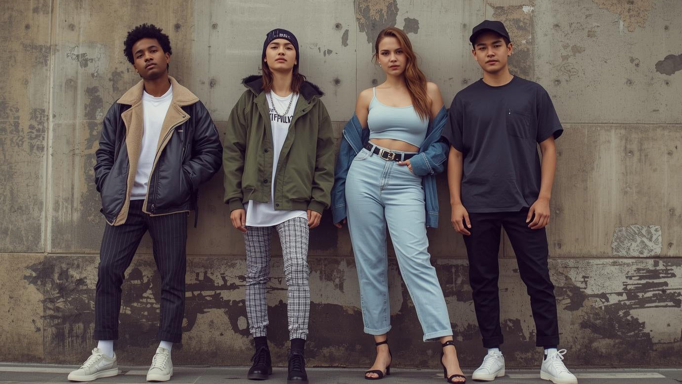 Four people standing against a textured wall