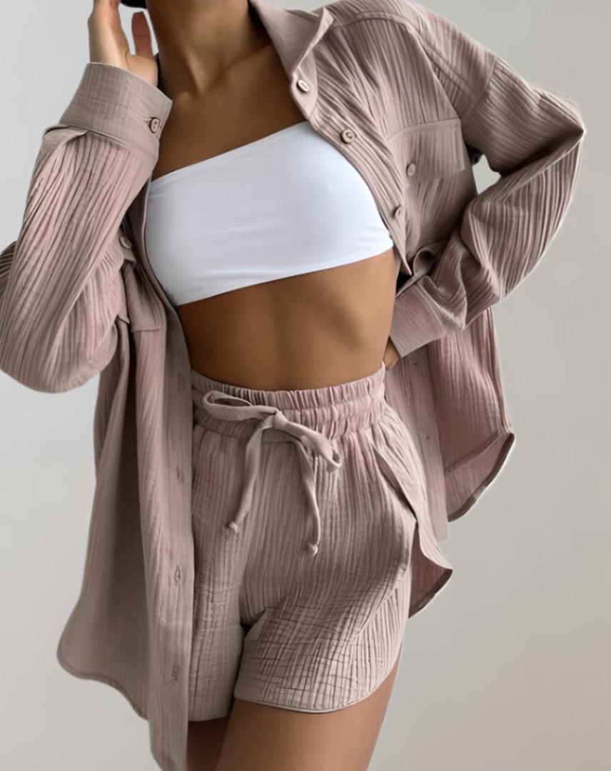 Selvara | Two-Piece Set with Shirt and Elastic Waist Shorts