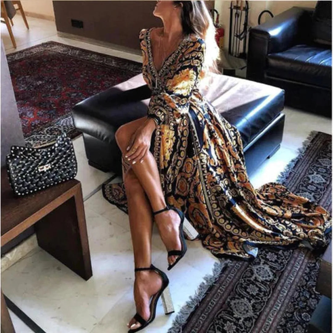 Hannah | Women’s Bohemian Print Maxi Dress with V-Neck