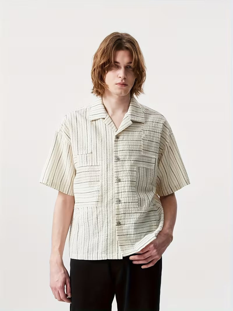 Men’s Casual Short Sleeve Shirt with Striped Texture