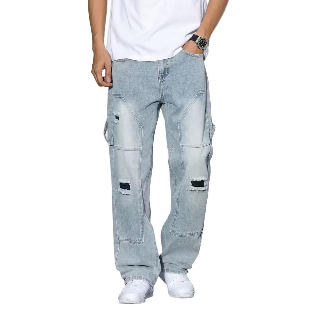 Men’s Full Length Cargo Jeans with Distressed Details
