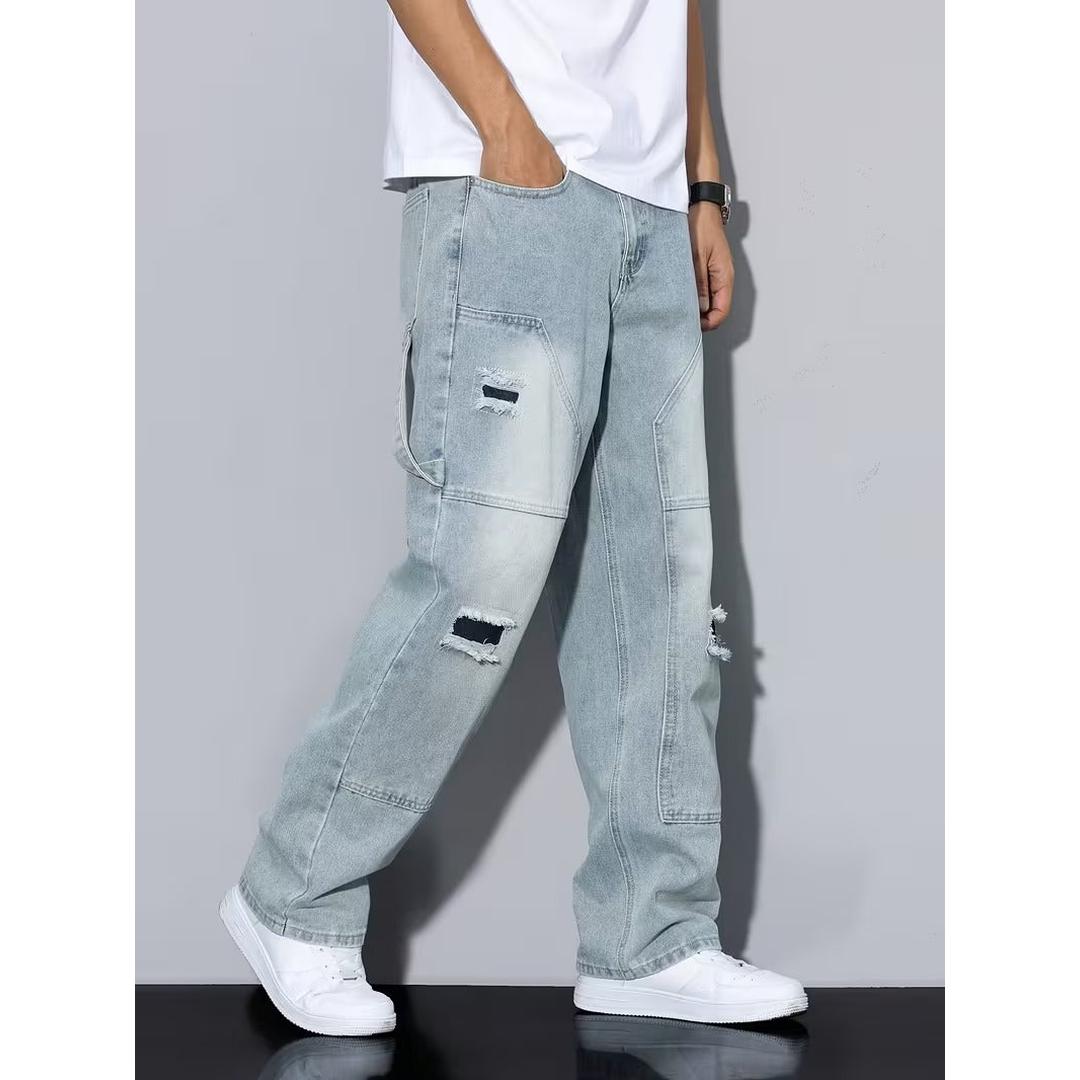 Men’s Full Length Cargo Jeans with Distressed Details