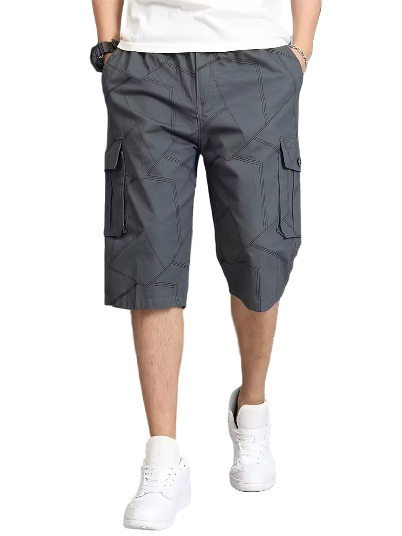 Men’s Knee Length Cargo Shorts with Geometric Stitch Pattern