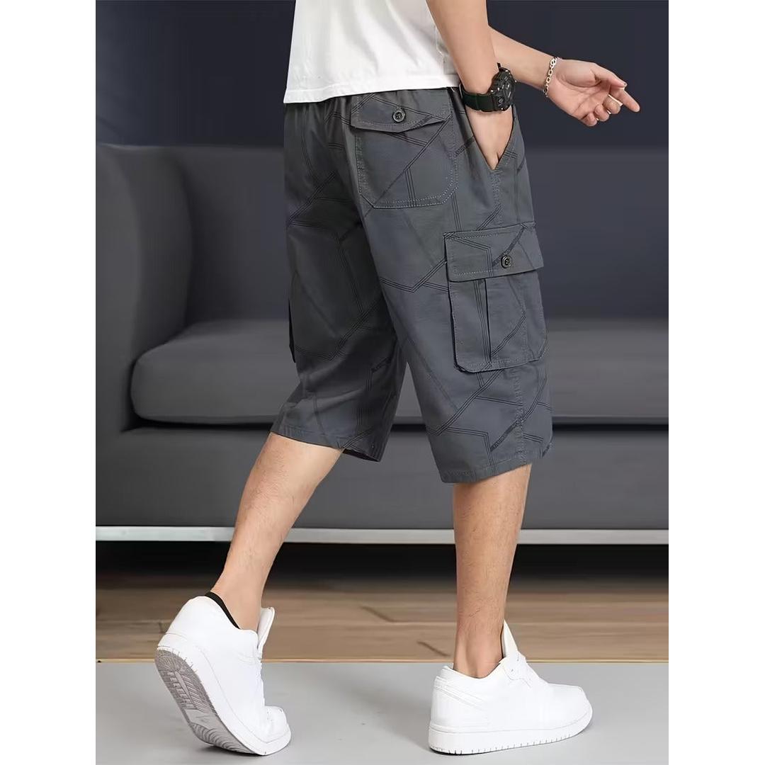 Men’s Knee Length Cargo Shorts with Geometric Stitch Pattern