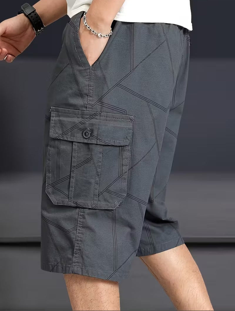 Men’s Knee Length Cargo Shorts with Geometric Stitch Pattern
