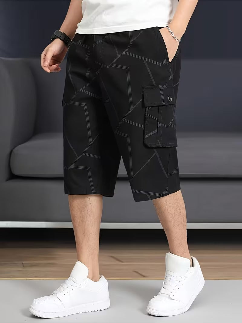 Men’s Knee Length Cargo Shorts with Geometric Stitch Pattern