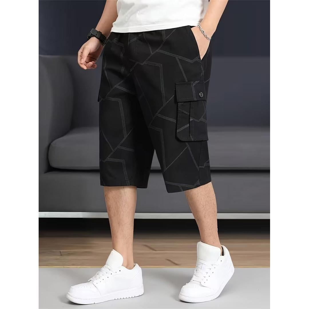 Men’s Knee Length Cargo Shorts with Geometric Stitch Pattern