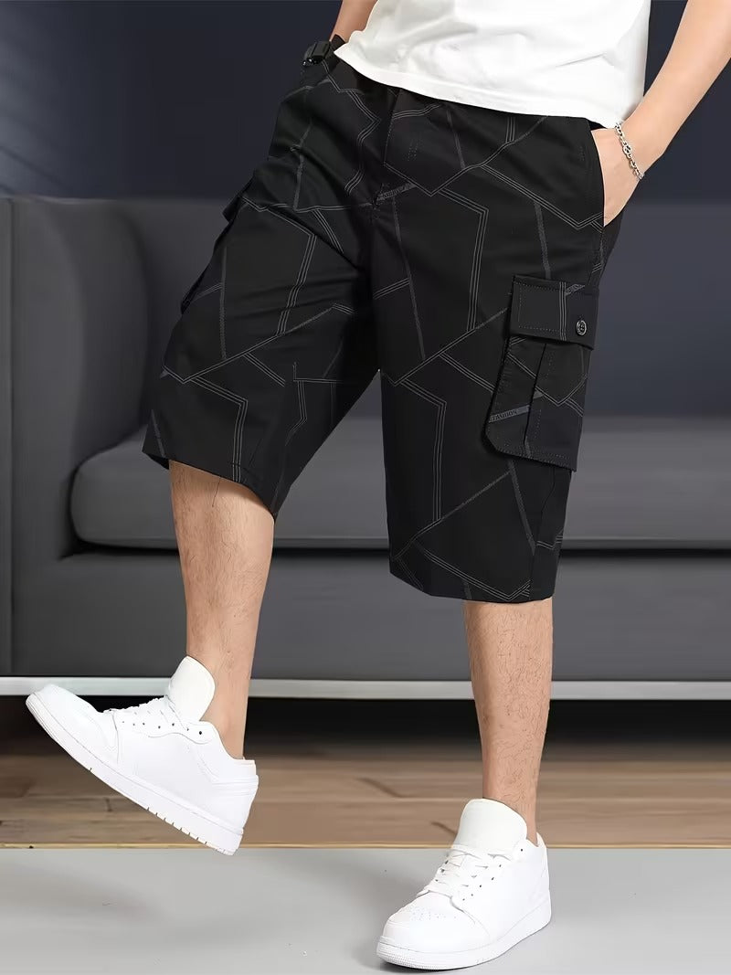Men’s Knee Length Cargo Shorts with Geometric Stitch Pattern