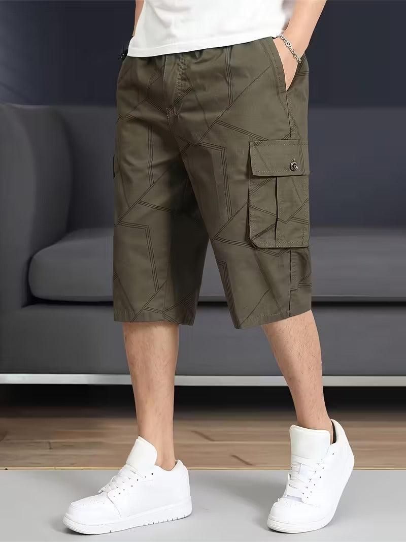 Men’s Knee Length Cargo Shorts with Geometric Stitch Pattern