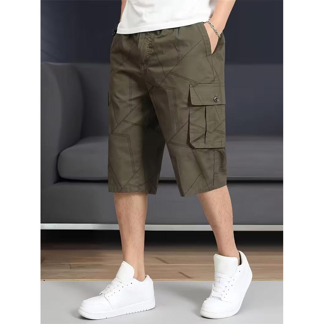 Men’s Knee Length Cargo Shorts with Geometric Stitch Pattern
