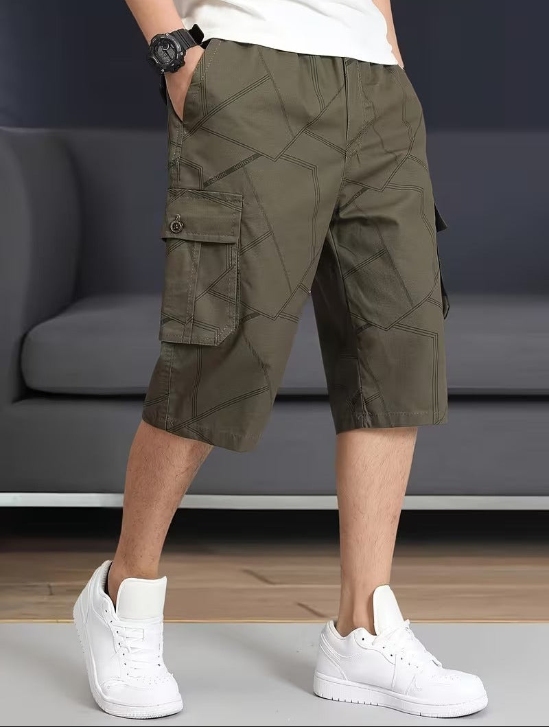 Men’s Knee Length Cargo Shorts with Geometric Stitch Pattern