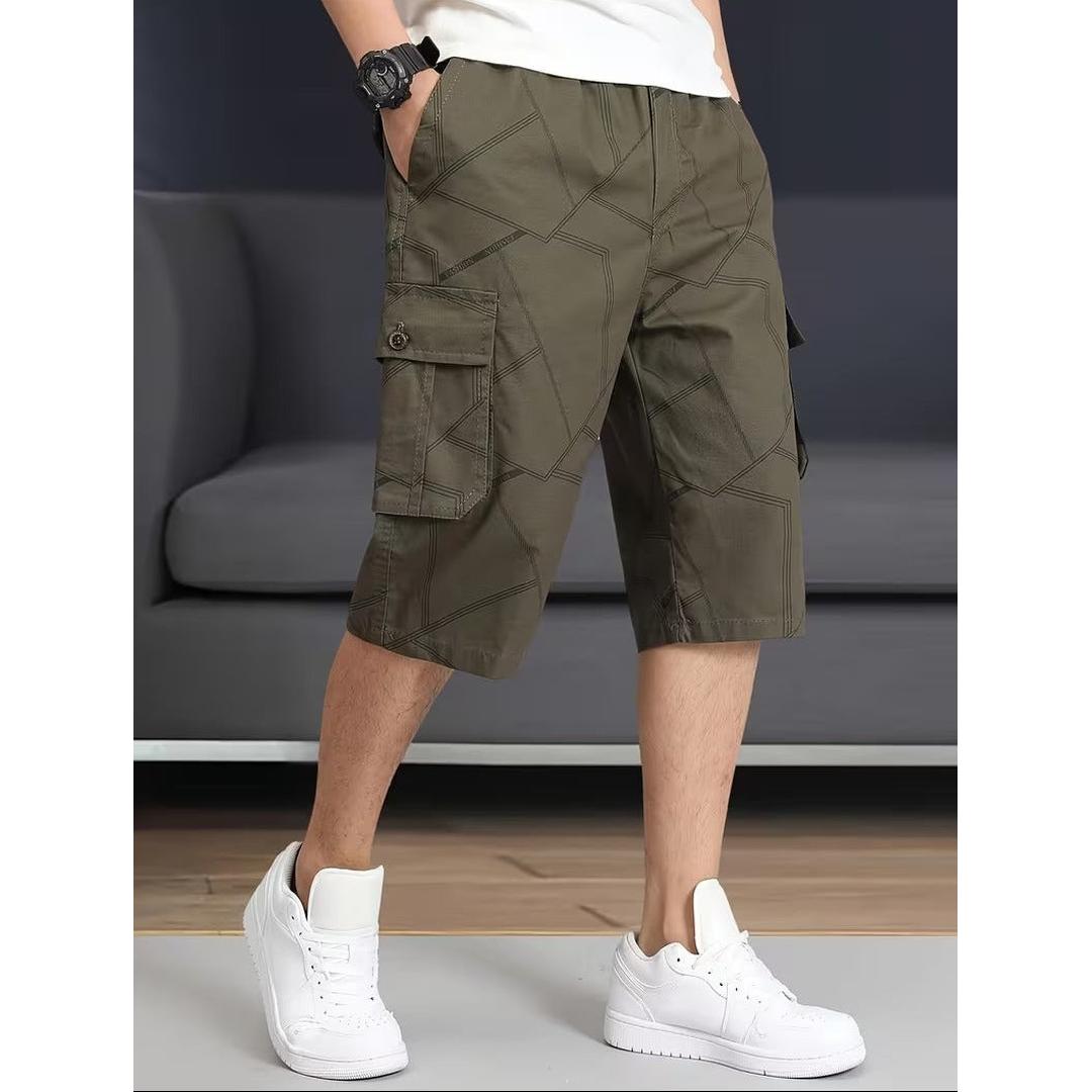 Men’s Knee Length Cargo Shorts with Geometric Stitch Pattern