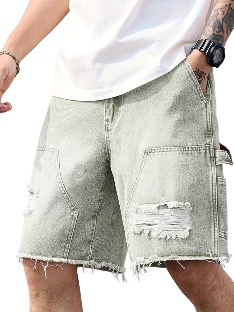 Men’s Knee Length Denim Shorts with Distressed Details