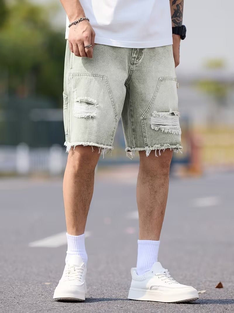 Men’s Knee Length Denim Shorts with Distressed Details