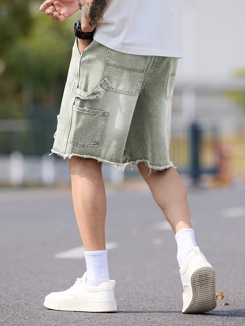 Men’s Knee Length Denim Shorts with Distressed Details