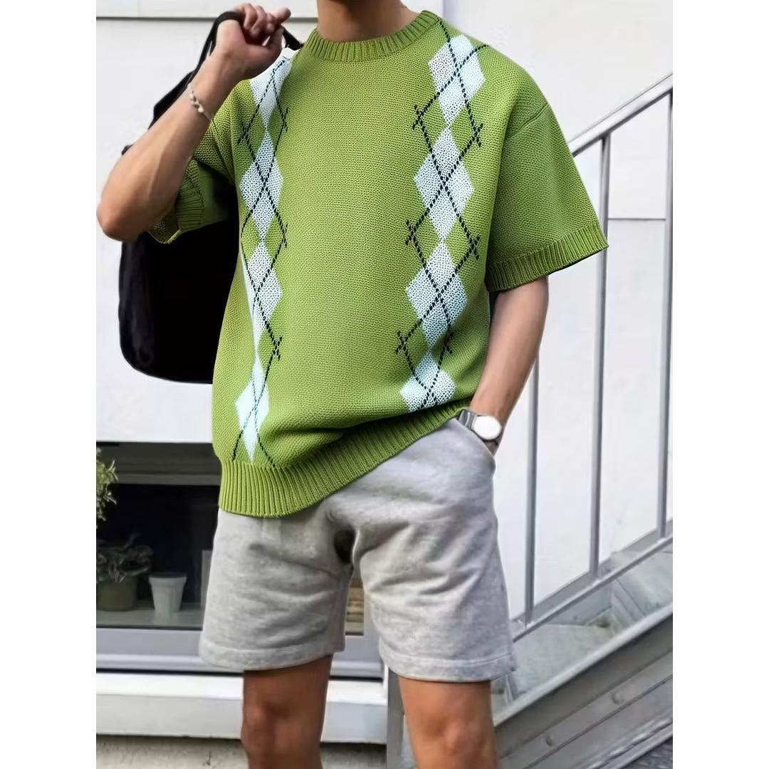 Men’s Short Sleeve Shirt with Argyle Panel Pattern