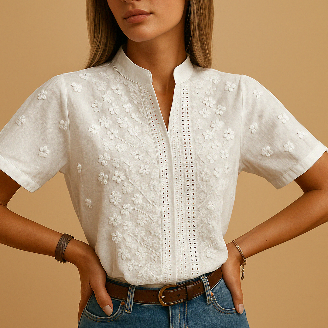 Eliza | Women’s Embroidered Short Sleeve White Blouse