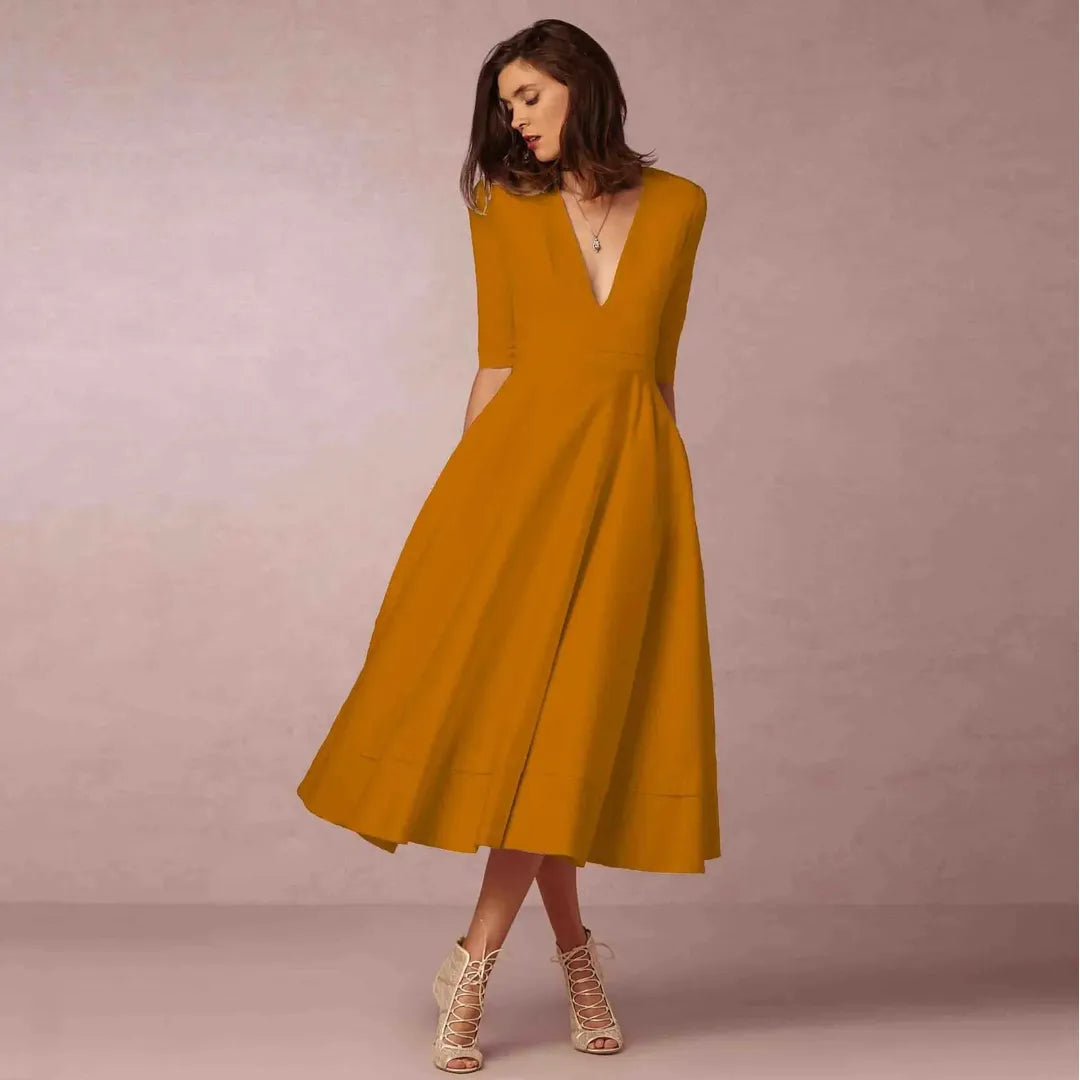 Victoria | Women’s V-Neck Midi Dress with A-Line Silhouette