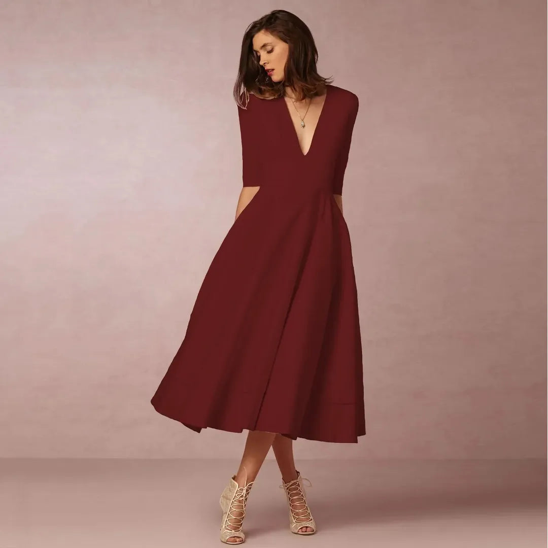 Victoria | Women’s V-Neck Midi Dress with A-Line Silhouette