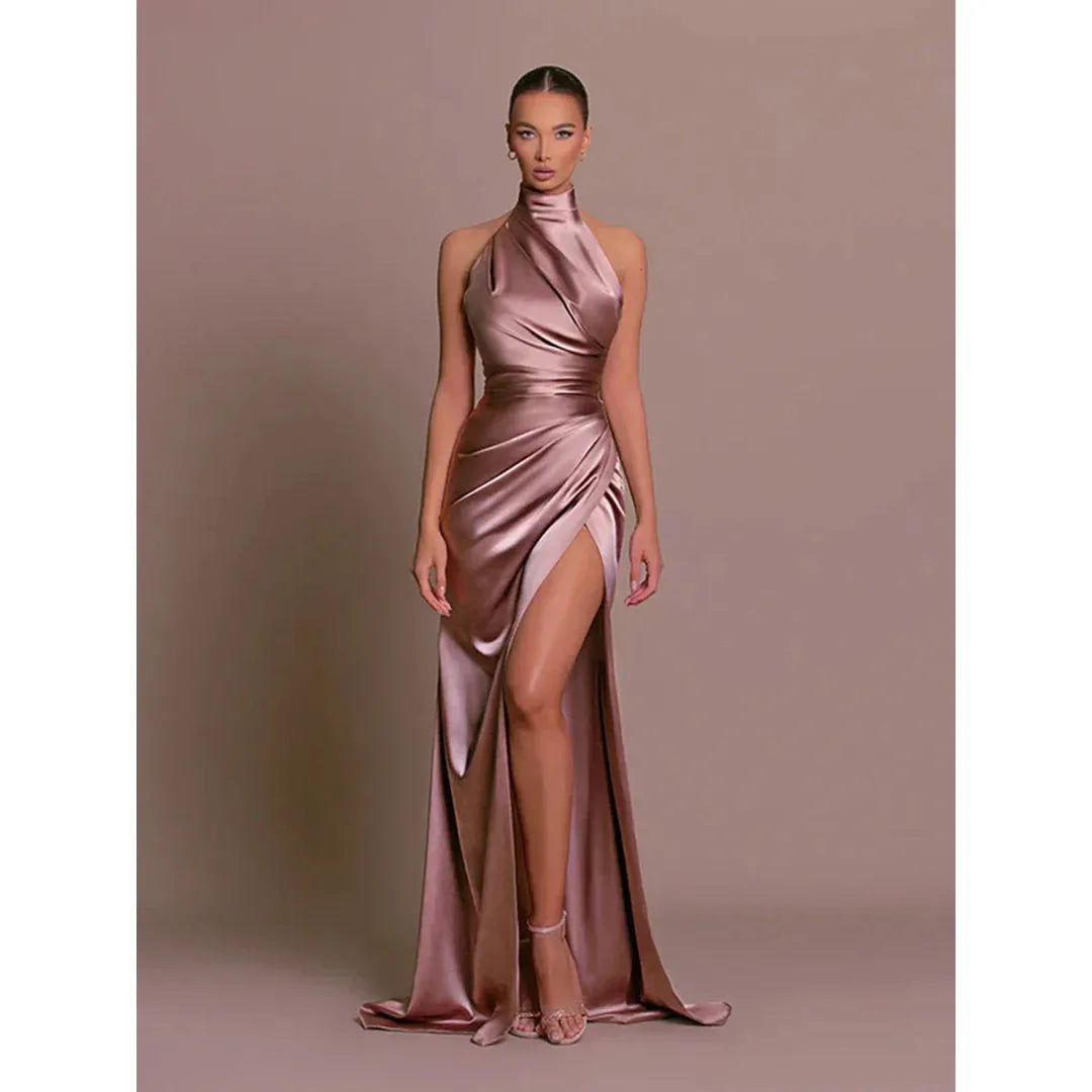 Nina | Women’s Halter Neck Satin Evening Dress with High Slit
