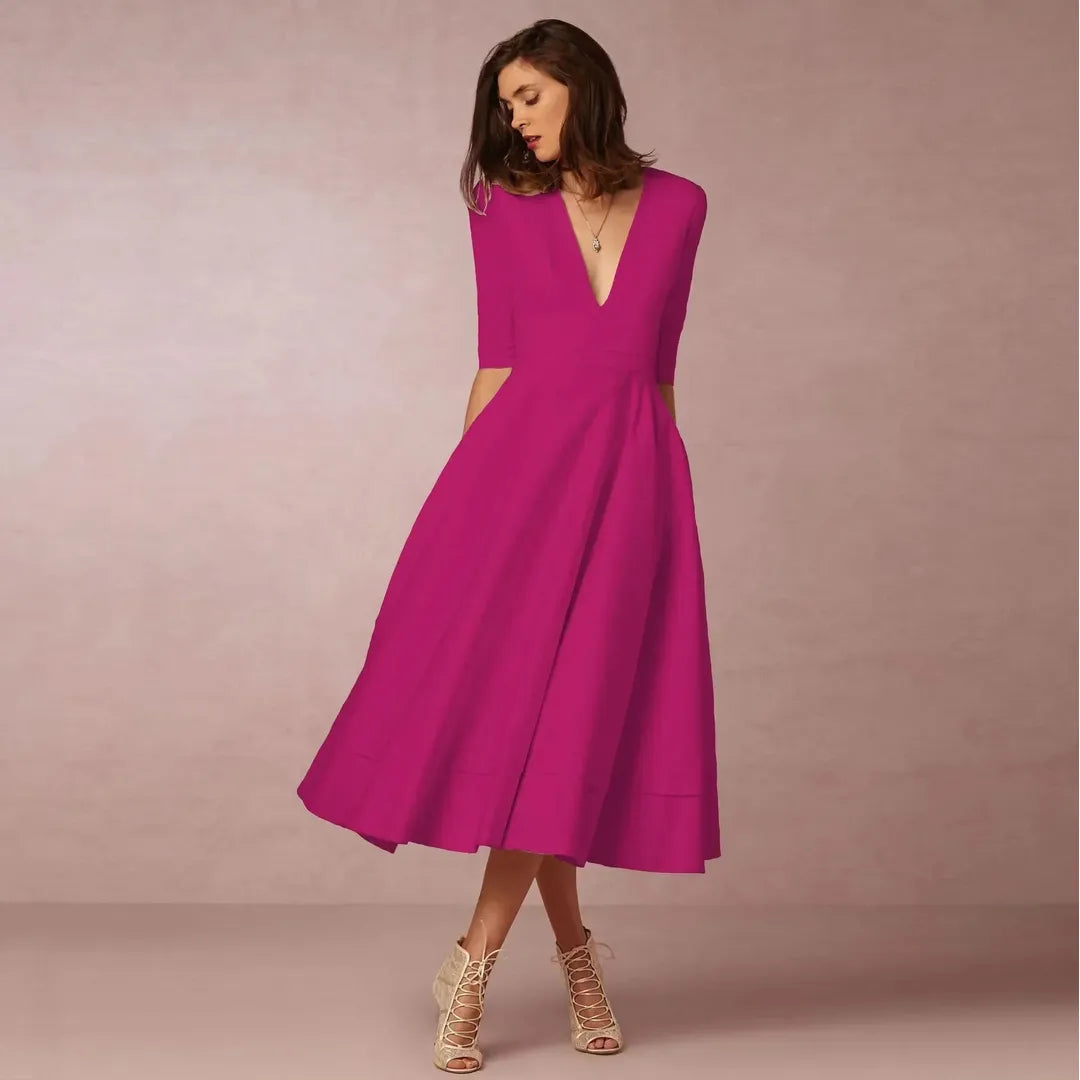 Victoria | Women’s V-Neck Midi Dress with A-Line Silhouette