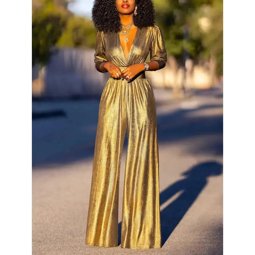 Claire | Women’s Shiny V-Neck Jumpsuit with 3/4 Sleeves