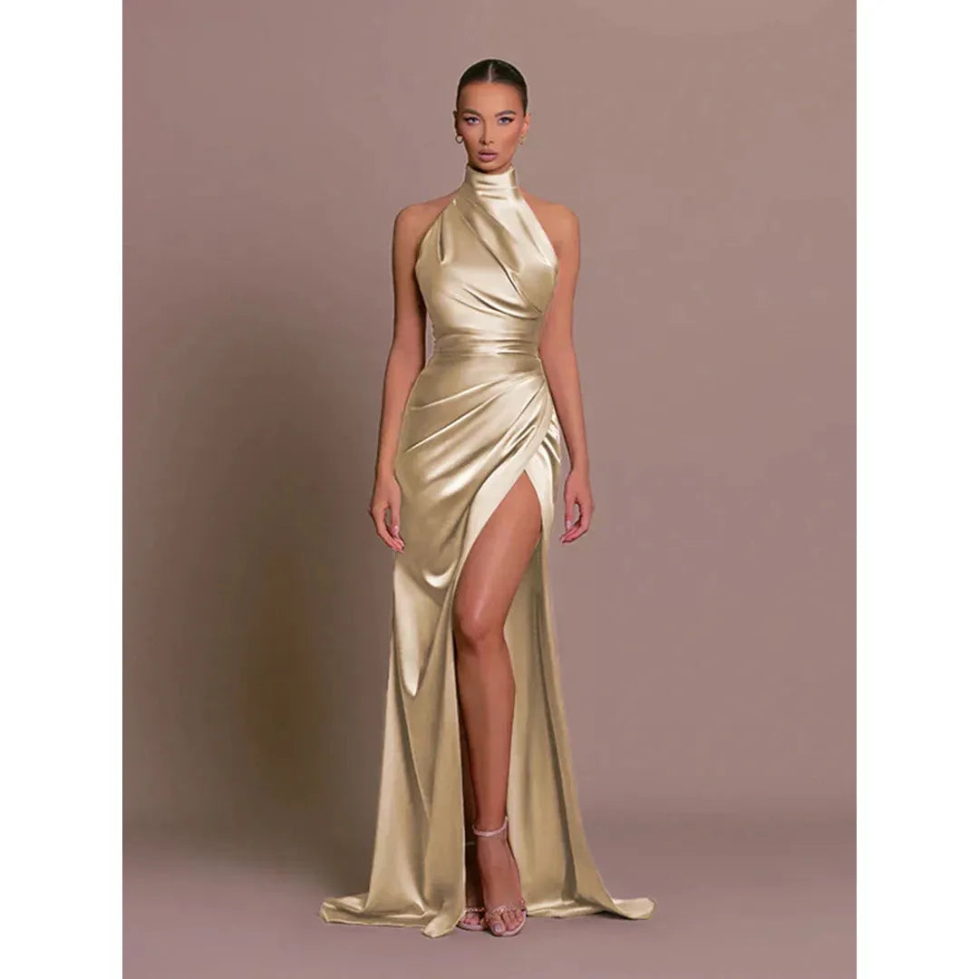 Nina | Women’s Halter Neck Satin Evening Dress with High Slit