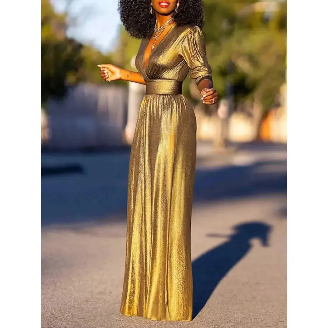 Claire | Women’s Shiny V-Neck Jumpsuit with 3/4 Sleeves