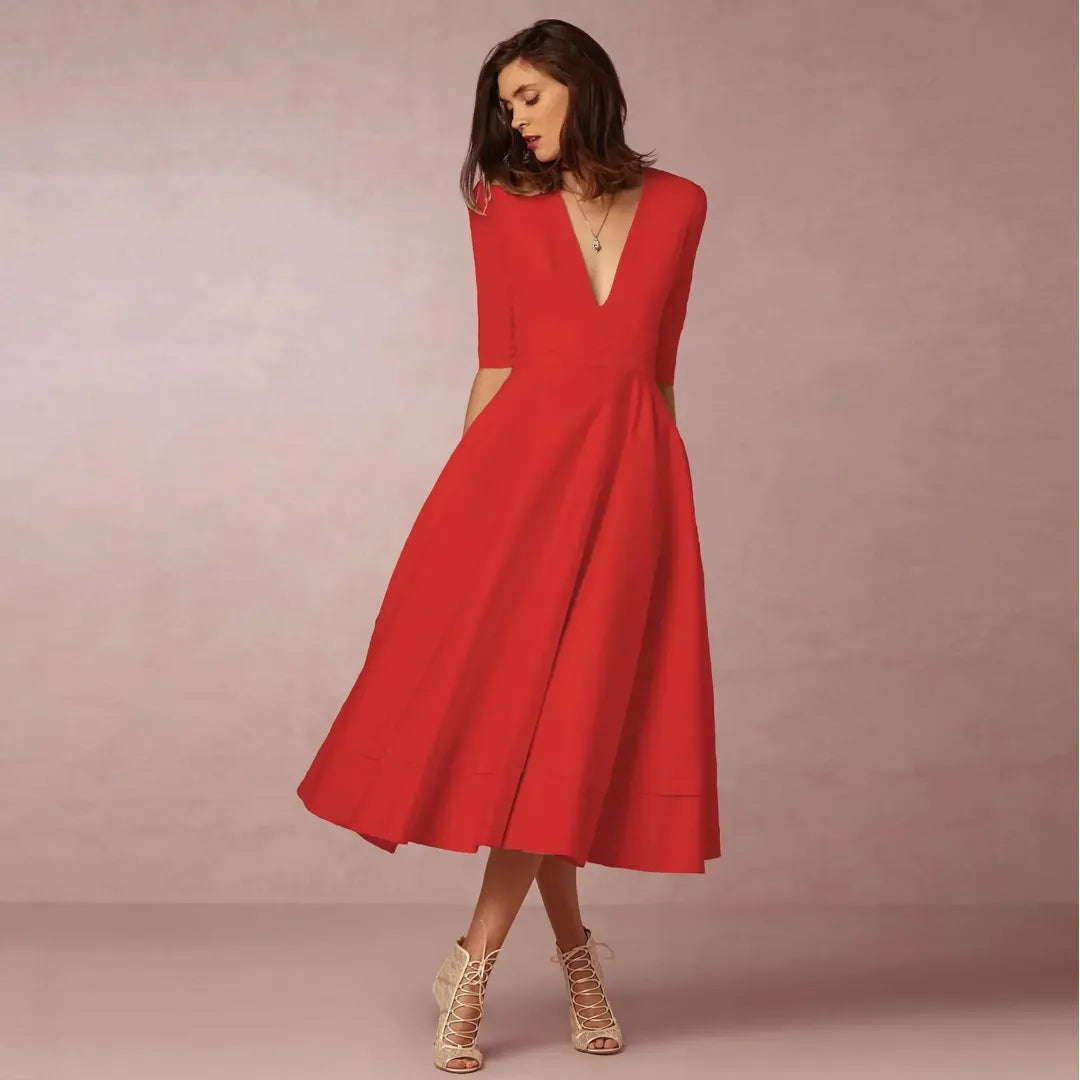 Victoria | Women’s V-Neck Midi Dress with A-Line Silhouette
