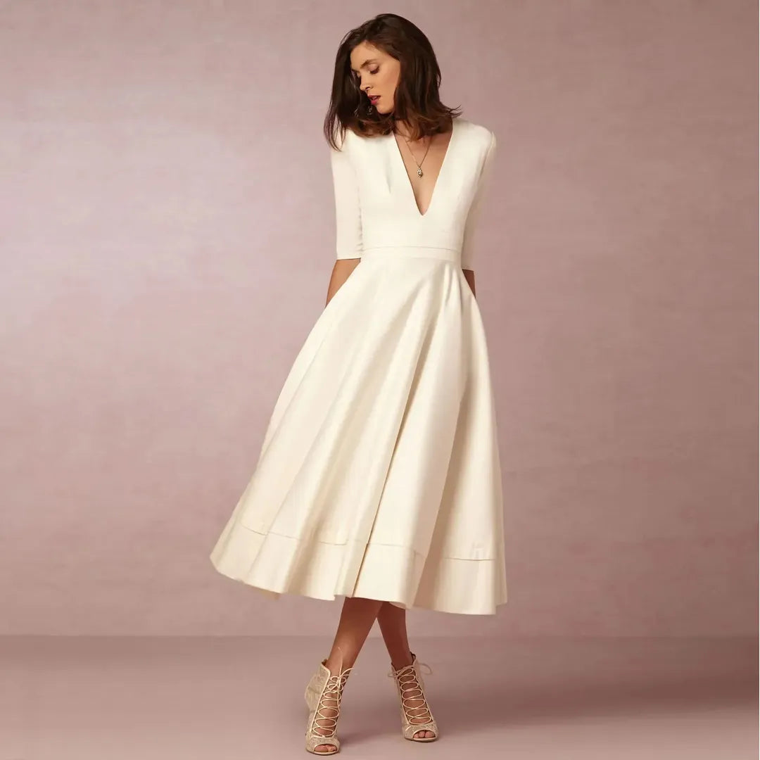Victoria | Women’s V-Neck Midi Dress with A-Line Silhouette