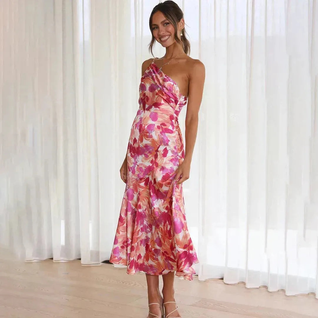 Isla | Asymmetrical Floral Midi Dress with One-Shoulder