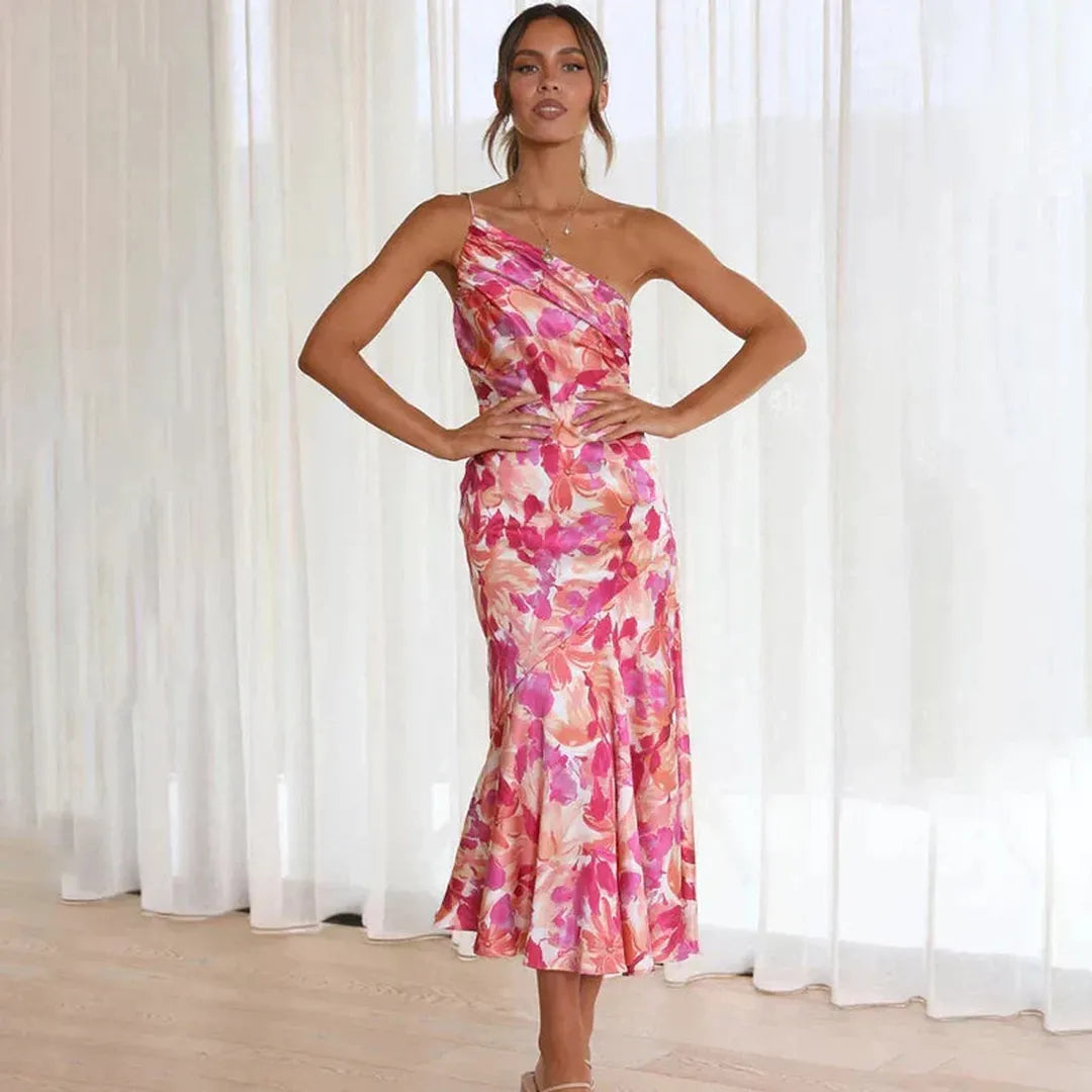 Isla | Asymmetrical Floral Midi Dress with One-Shoulder