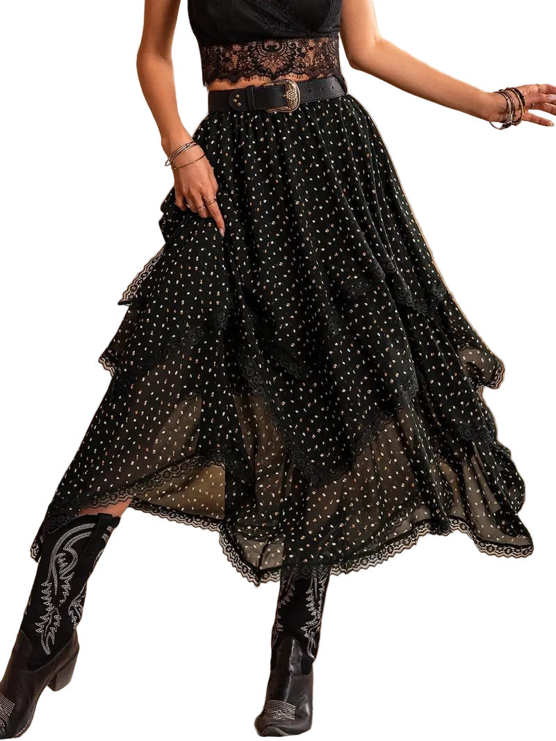 Women’s Tiered Midi Skirt with Lace Trim
