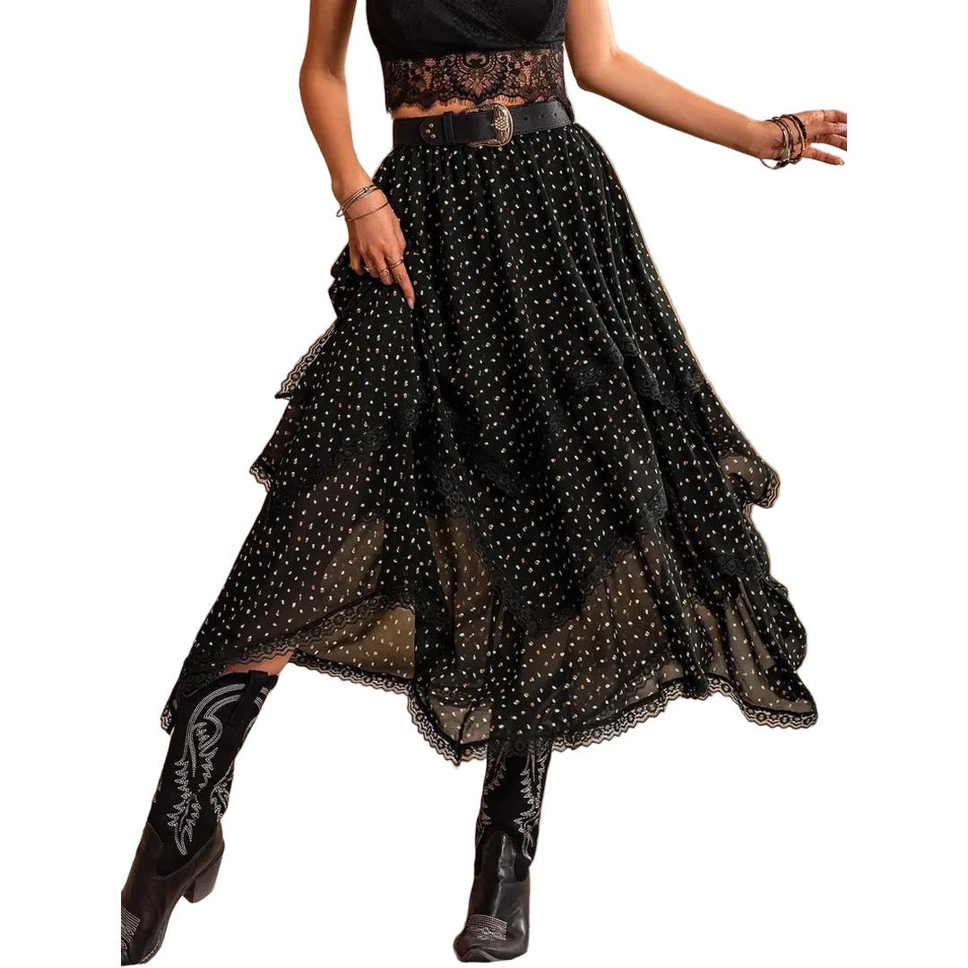 Women’s Tiered Midi Skirt with Lace Trim