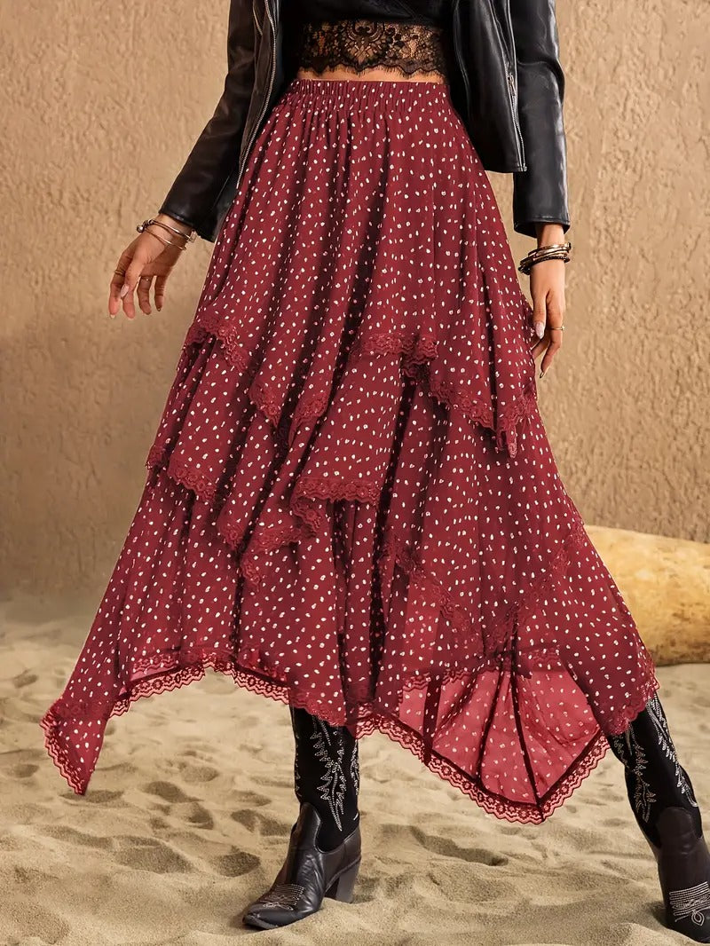 Women’s Tiered Midi Skirt with Lace Trim
