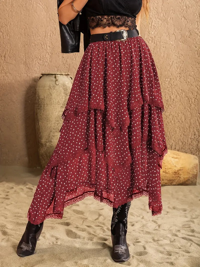 Women’s Tiered Midi Skirt with Lace Trim
