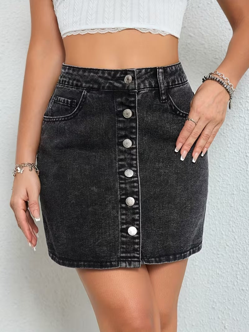 Women’s Denim Mini Skirt with Front Button Fastening