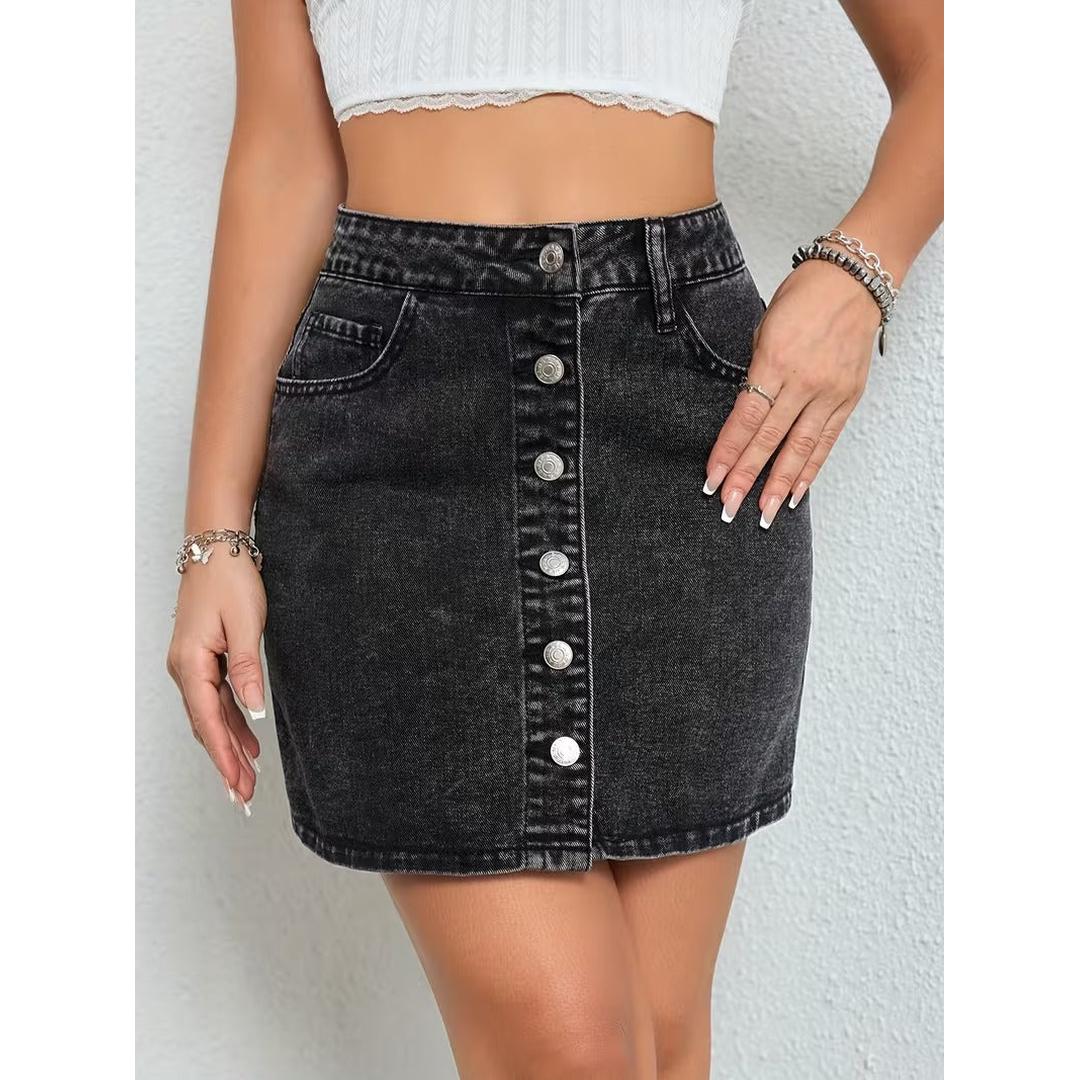 Women’s Denim Mini Skirt with Front Button Fastening