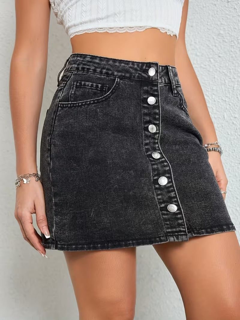 Women’s Denim Mini Skirt with Front Button Fastening
