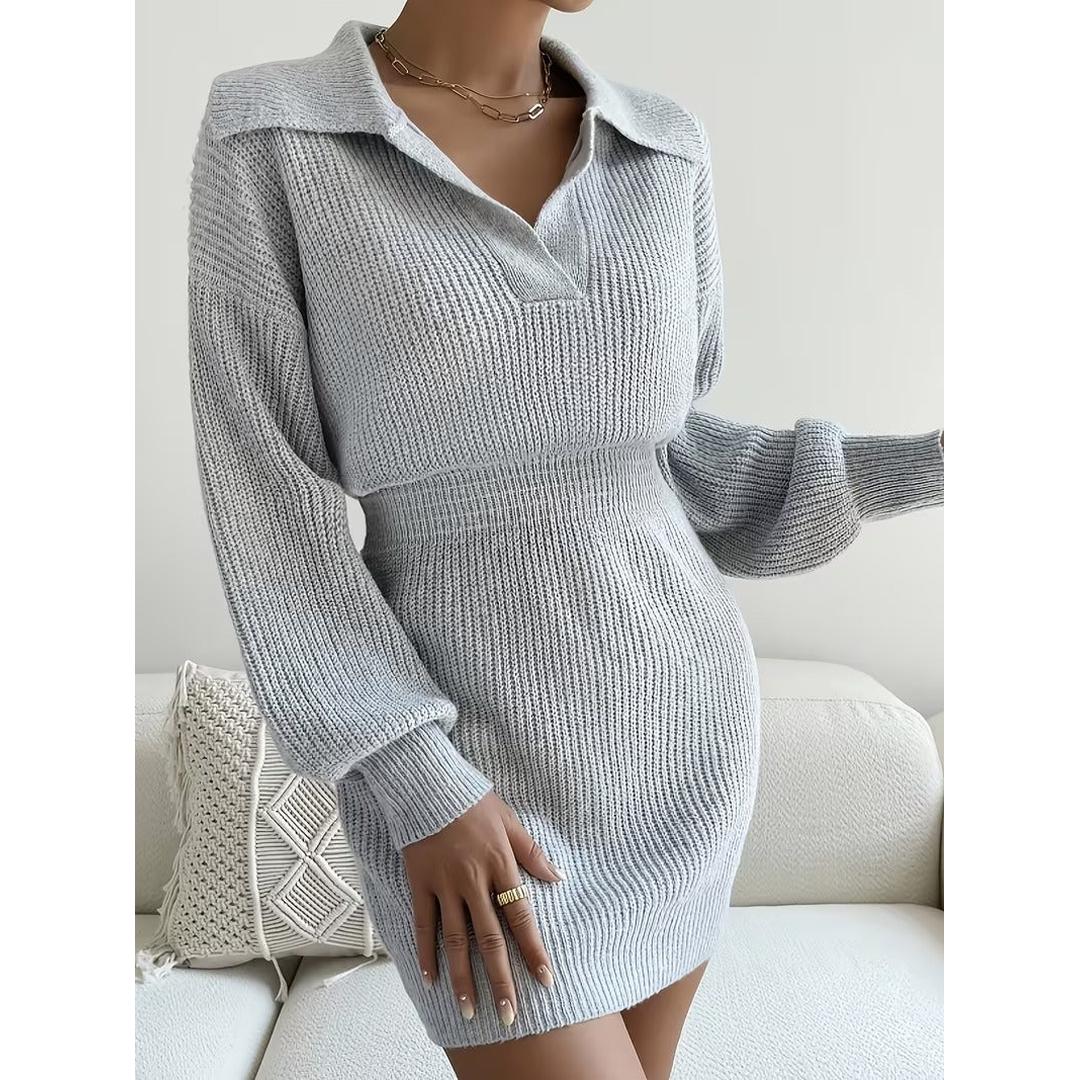 Women’s Long Sleeve Knit Mini Dress with Folded Collar