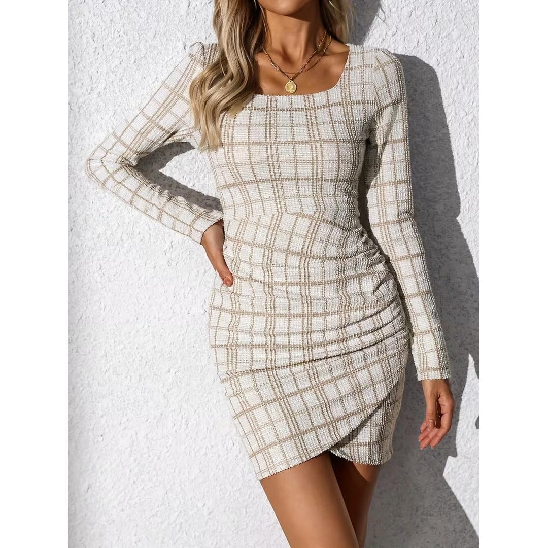 Women’s Long Sleeve Mini Dress with Checked Pattern