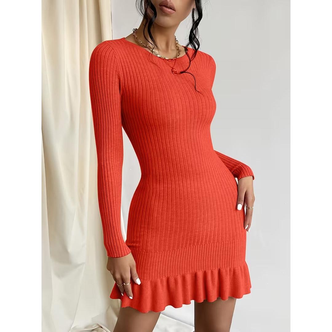Women’s Long Sleeve Ribbed Mini Dress with Ruffled Hem