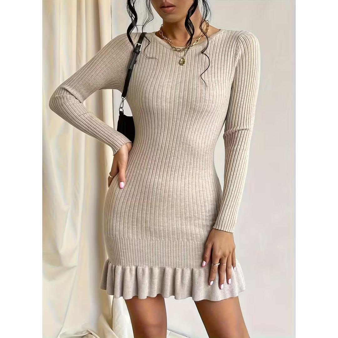 Women’s Long Sleeve Ribbed Mini Dress with Ruffled Hem