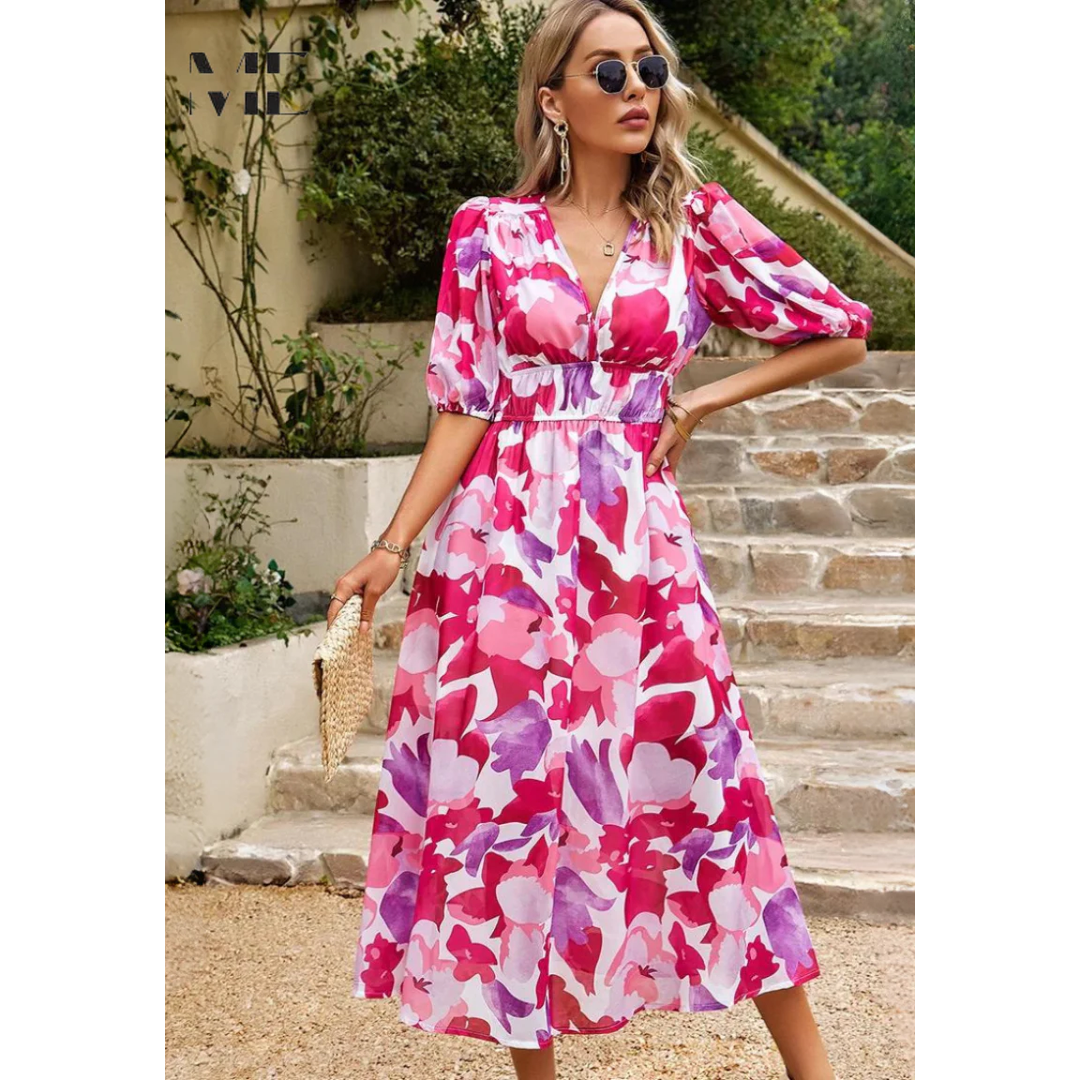 Women’s Midi Dress with Short Sleeves and Floral Print